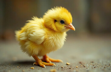 Cute fluffy yellow chick, close-up.