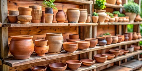 Earthenware Elegance A Collection of Clay Pots and Bowls on Wooden Shelves