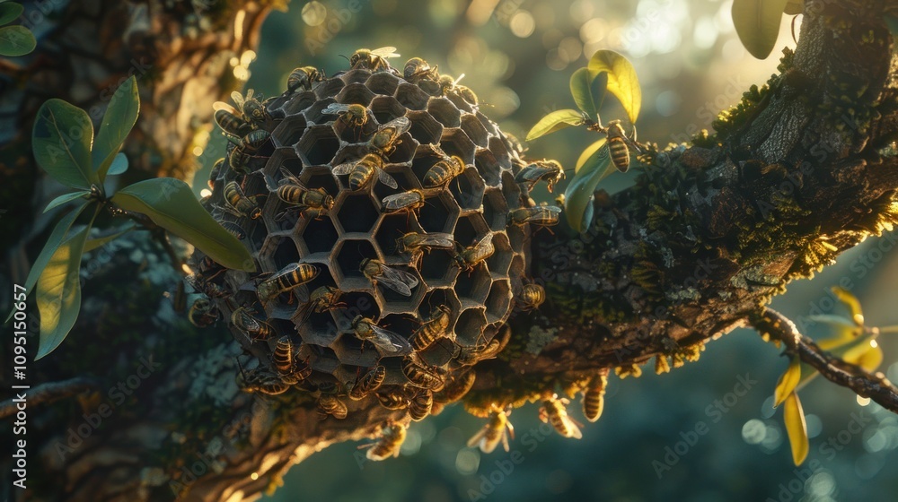 Poster a beehive on a tree branch, surrounded by bees and sunlight filtering through leaves.