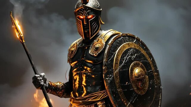 Gladiator stands strong with spear and shield in a dramatic battlefield setting