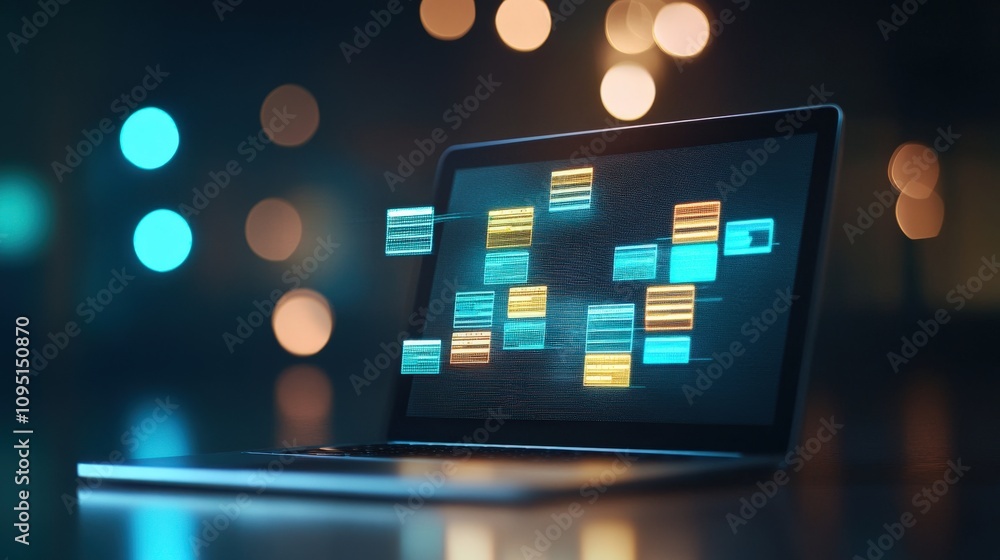 Aufkleber Abstract Digital Display on Laptop with Colorful Data Visualization Concept Representing Technology, Communication, and Innovation in a Modern Workspace Environment