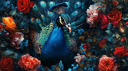 Peacock with Blue and Green Feathers Surrounded by Vibrant Flowers