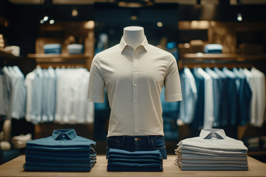 Display of neatly arranged shirts in a retail store showcasing clothing options.
