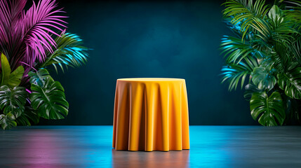 A vibrant yellow table draped with a cloth stands against a backdrop of colorful foliage, creating a lively and tropical atmosphere.