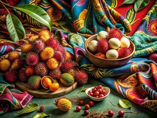 Vibrant Fashion Photography Featuring Rambutan Fruits in a Stylish Arrangement with Colorful Textiles and Accessories for a Fresh, Tropical Aesthetic