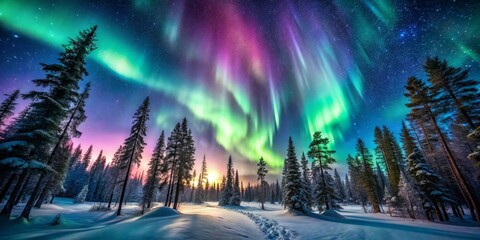 Enchanted Forest Aurora Borealis Illuminates a Snowy Path Through Tall Pines