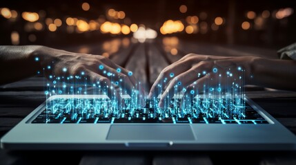 Cybersecurity concept  hands typing on laptop with digital lock hologram and bokeh lights background