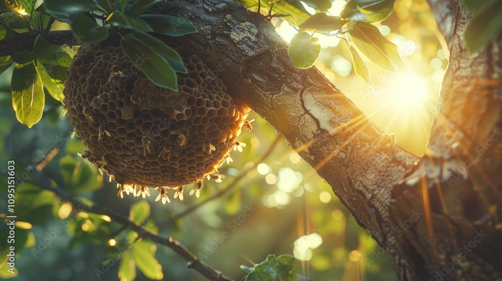 Poster a honeycomb nestled in a tree, illuminated by sunlight filtering through the leaves.