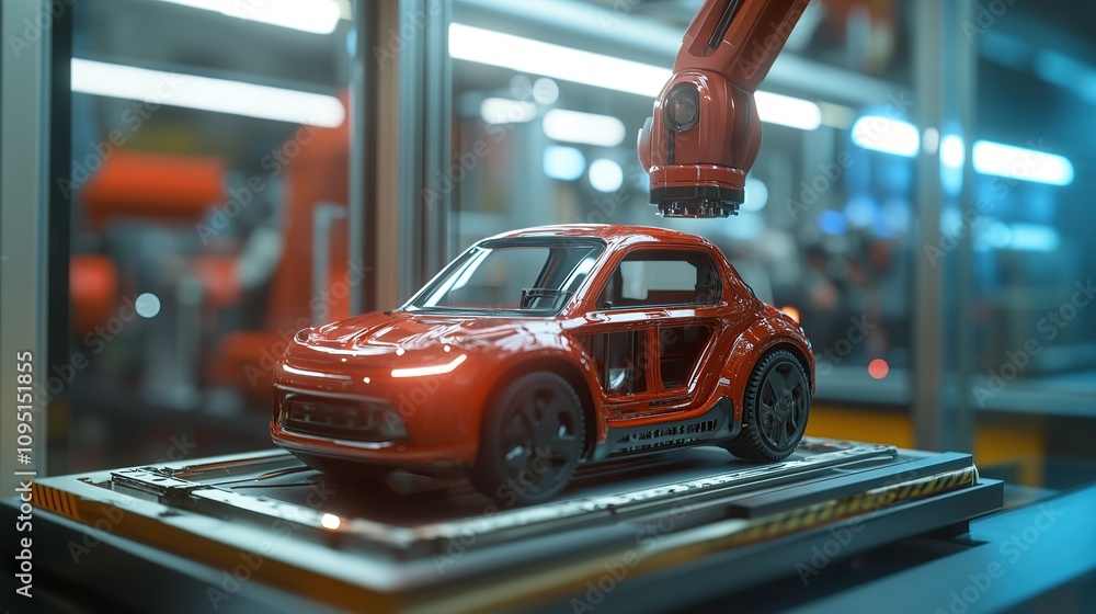 Poster a robotic arm assembling a miniature car model in a factory setting.