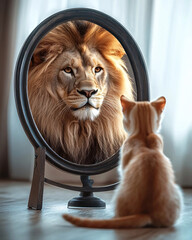 A cat looking into a mirror and seeing the reflection of a lion, symbolizing inner strength and self-confidence