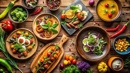 Fototapeta premium Vibrant Food Photography Featuring Colorful Dishes, Unique Plating Styles, and Creative Culinary Arrangements for Social Media and Editorial Use