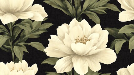 Cream Peonies on Black: Elegant floral pattern featuring creamy white peonies in full bloom against a rich black background. Perfect for textile design, wallpaper, and home decor.  