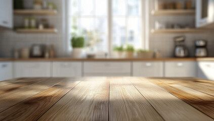 Blurred kitchen interior with wooden desk home background