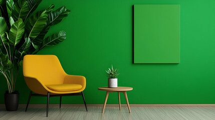 A vibrant green room featuring a yellow chair, a small table with a plant, and a blank canvas on the wall, creating a fresh and modern aesthetic.