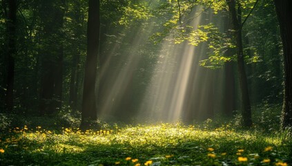 Obraz premium Sunbeams Illuminating a Serene Forest