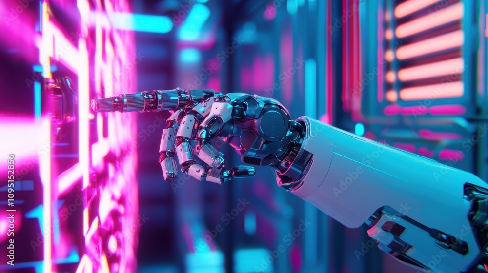 Poster futuristic robot hand interacting with neon control panel in high-tech environment, illustrating adv