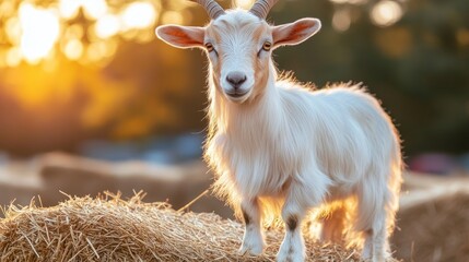 Obraz premium White Goat in Golden Sunset