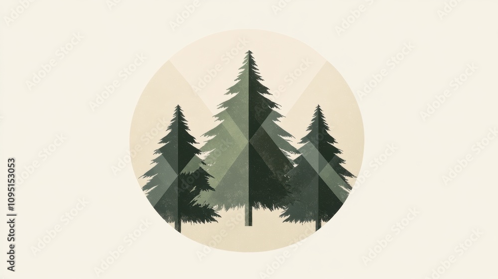 Poster artistic illustration of pine trees in a circular shape with soft color palette for nature enthusias