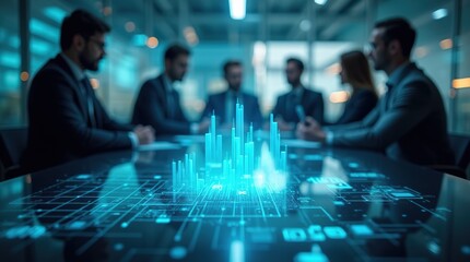 Obraz premium Futuristic Office Meeting with Holographic Technology Display