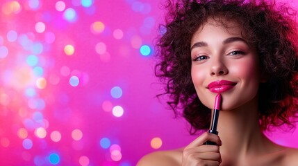 Fototapeta premium Stunning Portrait of a Woman Applying Glossy Pink Lipstick Against a Colorful Bokeh Background Capturing Beauty and Glamour