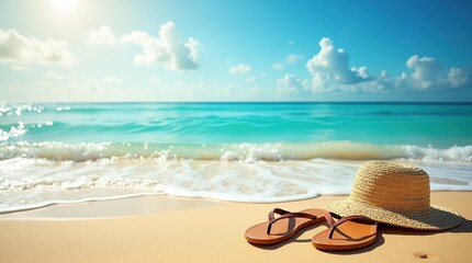 Serene Beach Scene With Straw Hat and Sandals on Golden Sand