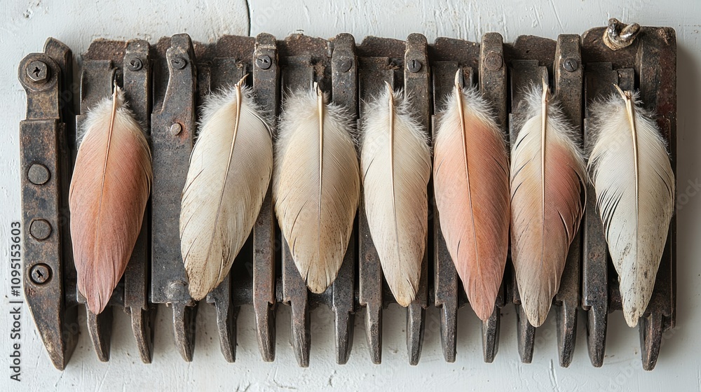 Poster a collection of feathers arranged on a metallic base, showcasing texture and color variations.