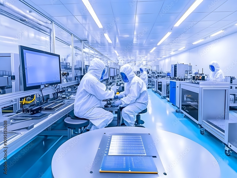 Poster cleanroom environment with workers assembling technology components.