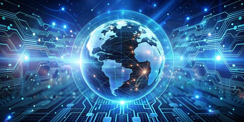 Fototapeta premium Global Network A Futuristic Digital Earth Over a Circuit Board