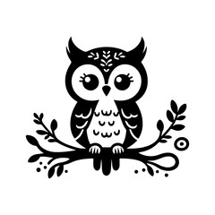 Vector Silhouette of owl sitting on a tree branch.