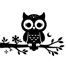 Vector Silhouette of owl sitting on a tree branch.
