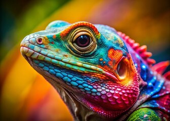 Fototapeta premium Vibrant Lizard Portrait with Colorful Paint Effects Showcasing Nature's Curiosity in a Stunning Close-Up Shot Capturing Intricate Details and Bold Hues of the Lizard's Skin