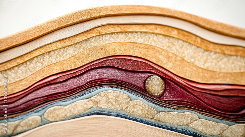 Poster abstract layers of textured materials representing geological strata with rich colors and intricate 