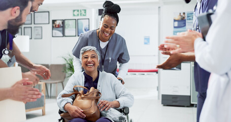 Applause, doctor or patient in wheelchair for recovery, healing or surgery success in hospital....
