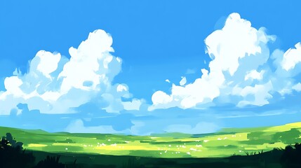 A Digital Painting Depicting a Green Meadow Under a Blue Sky with Puffy White Clouds