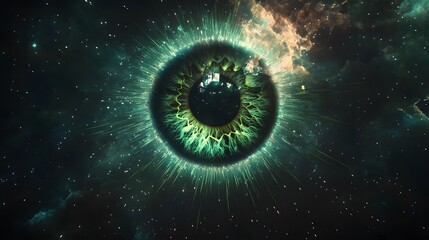 Eye-shaped portal with radiant green and blue lights, radiating beams in all directions against the dark background.