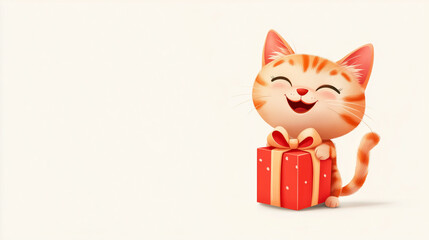 Happy cartoon orange kitten holding a red gift box with a bow on a clean white background. Minimal festive banner or postcard with empty copy space. Birthday or Christmas present