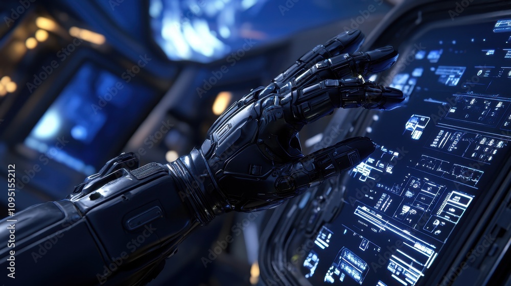 Poster futuristic robotic hand interacting with high-tech control panel in a sci-fi environment, showcasing