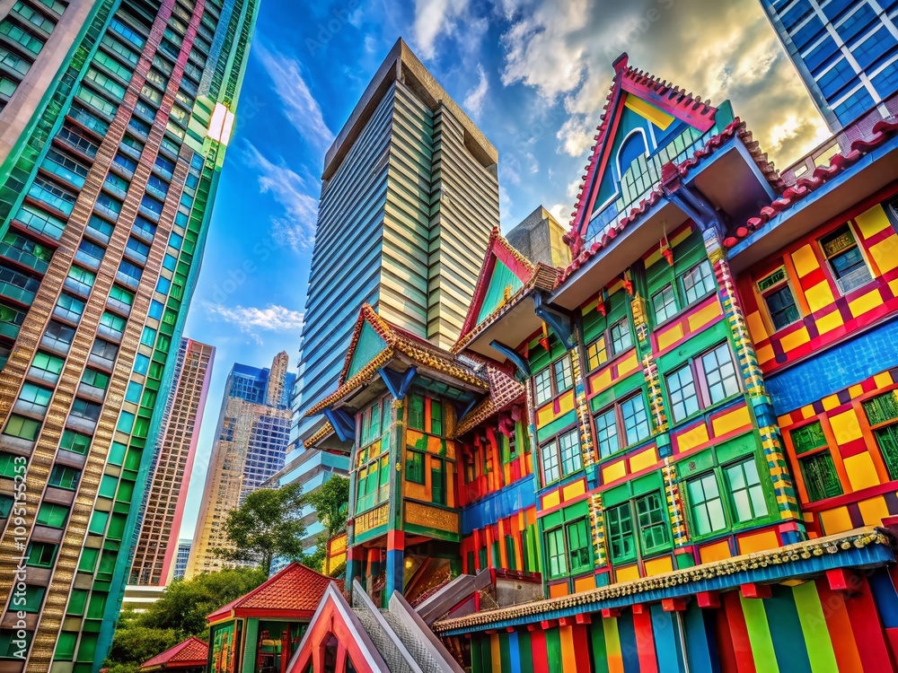 Poster vibrant multicolored architectural structure showcasing urban exploration and creative design in a d