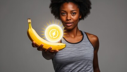 Empowered fitness routine woman holding energizing banana indoor studio inspirational portrait motivational concept