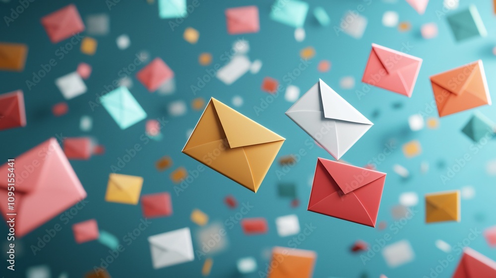 Poster email service. colorful envelopes float against a soft blue background, creating a vibrant and playf