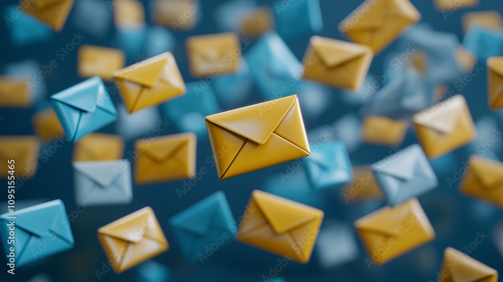 Poster email service. a dynamic scene with floating envelopes in various colors, symbolizing communication,