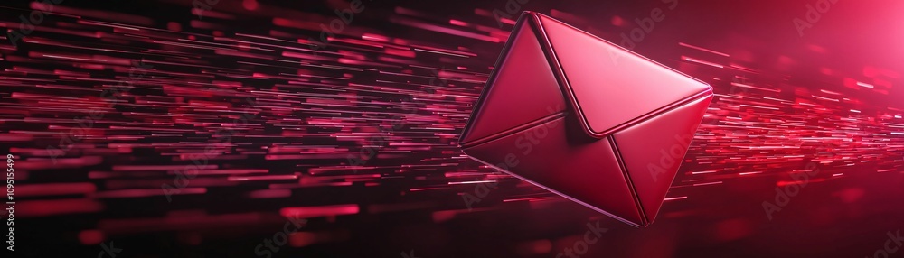 Poster email service. a vibrant red envelope moves swiftly through a digital landscape, symbolizing fast co