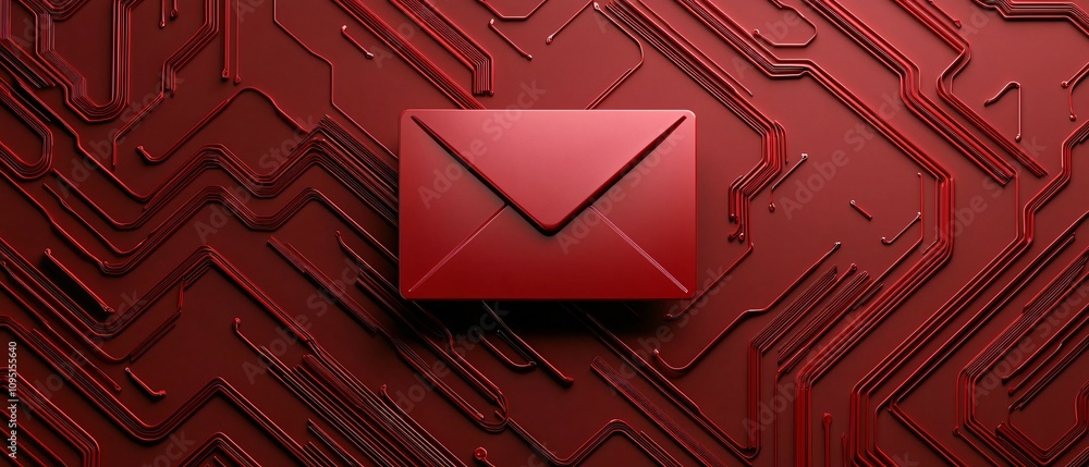 Poster email service. a red envelope icon on a textured red background, symbolizing communication and messa