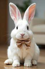 Obraz premium Cute white rabbit with a bow on its neck, light background. 