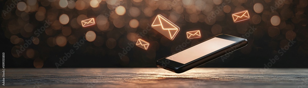 Poster email service. a smartphone displays floating email icons against a blurred background, symbolizing 
