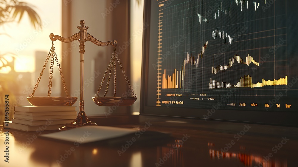 Aufkleber a balanced scale beside a computer displaying financial graphs in a workspace.