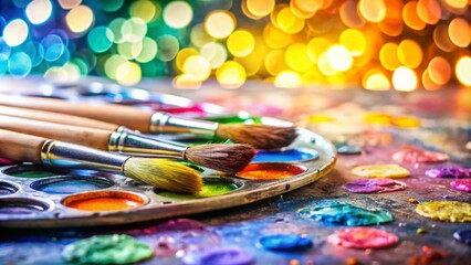 Fototapeta premium Vibrant Painting Palette Isolated on a Clean Background with Ample Copy Space for Creative Projects and Art-Related Content, Showcasing a Variety of Colors and Brushes