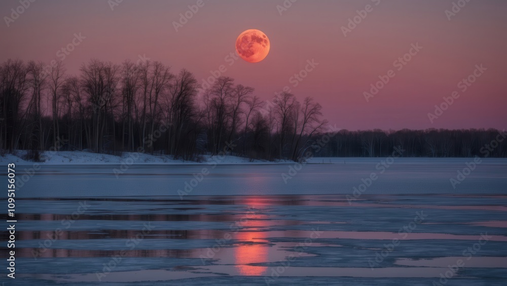 Aufkleber serene frozen lake surrounded by trees under a beautiful eclipse glow at dusk reflecting on the ice 