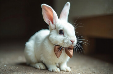 Obraz premium Cute white rabbit with a bow on its neck, light background. 