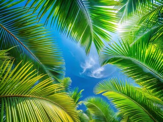 Fototapeta premium Vibrant Palm Branches Against a Blue Sky in Rule of Thirds Composition for Tropical Aesthetic and Nature Photography Needs